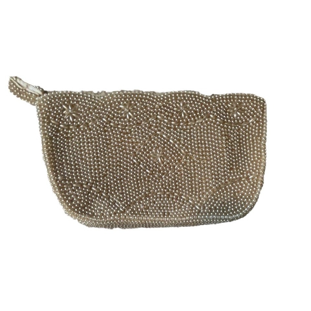 Vtg Scalloped Dark Cream Tan Beaded Clutch Purse Zipper Evening Bag Dormar Japan